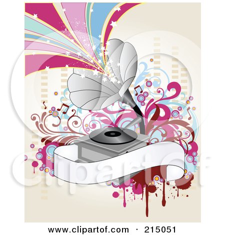 Royalty-Free (RF) Clipart Illustration of a Gramophone Background With Starry Waves And A Blank Banner On Antique White by OnFocusMedia