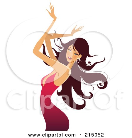 Royalty-Free (RF) Clipart Illustration of a Glam Brunette Woman Dancing In A Pink Dress by OnFocusMedia