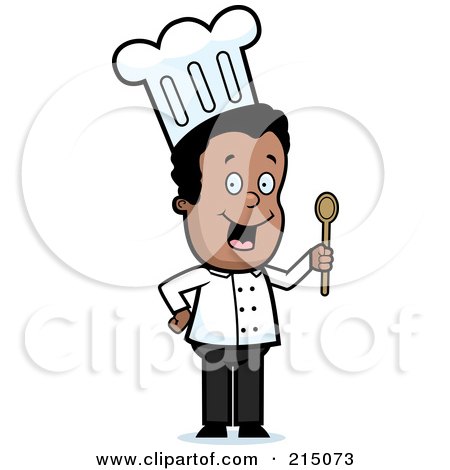Royalty-Free (RF) Clipart Illustration of a Happy Black Chef Man Holding A Spoon by Cory Thoman