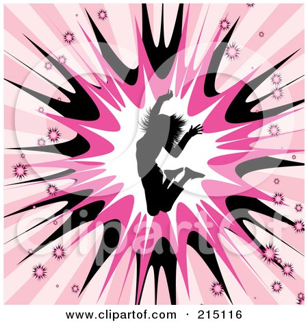 Royalty-Free (RF) Clipart Illustration of a Silhouetted Woman Jumping Over A Pink Burst Background by KJ Pargeter