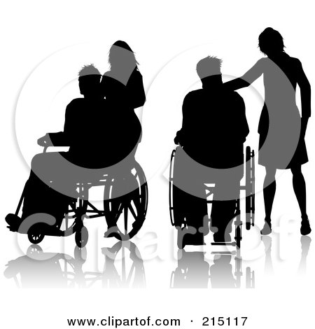 Royalty-Free (RF) Clipart Illustration of a Digital Collage Of Silhouetted Women And Men In Wheelchairs by KJ Pargeter