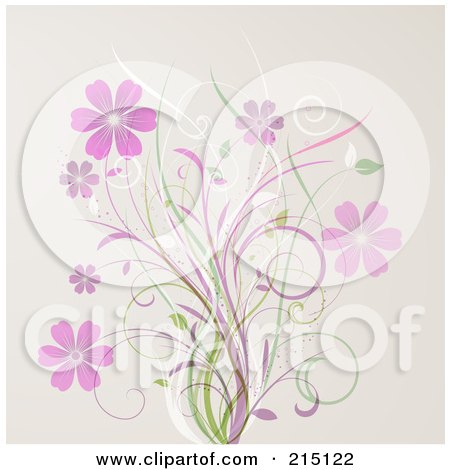Royalty-Free (RF) Clipart Illustration of a Background Of Pink Flowers And Grasses Over Pink by KJ Pargeter