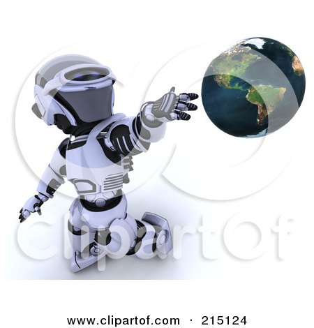 Royalty-Free (RF) Clipart Illustration of a 3d Robot Presenting A Globe by KJ Pargeter