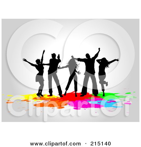 Royalty-Free (RF) Clipart Illustration of a Silhouetted Dancers Partying Over Colorful Splatters by KJ Pargeter