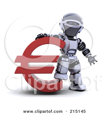 Royalty-Free (RF) Clipart Illustration of a 3d Robot Standing By A Red Euro by KJ Pargeter