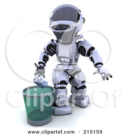 Royalty-Free (RF) Clipart Illustration of a 3d Robot Putting A Soda Can In A Bin by KJ Pargeter