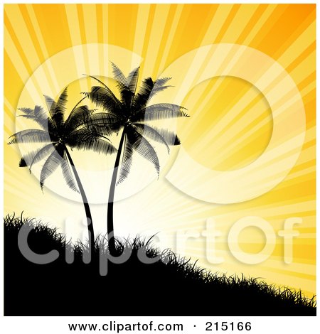 Royalty-Free (RF) Clipart Illustration of Sun Rays Shining Behind Silhouetted Palm Trees On A Hill by KJ Pargeter