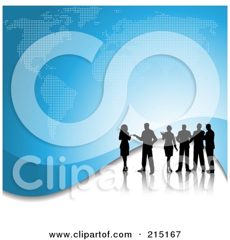 Royalty-Free (RF) Clipart Illustration of Silhouetted International Business People Over A Blue Map by KJ Pargeter