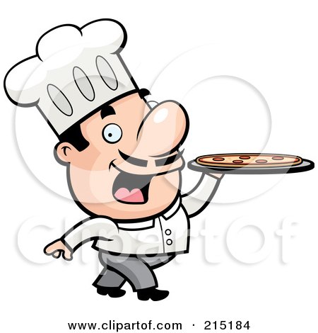 Royalty-Free (RF) Clipart Illustration of a Pizzeria Chef Walking With A Pizza Pie On A Platter by Cory Thoman