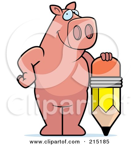 Royalty-Free (RF) Clipart Illustration of a Pig Standing And Leaning On A Stubby Pencil by Cory Thoman