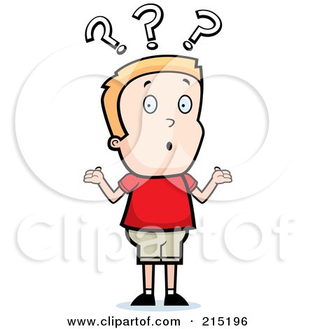Royalty-Free (RF) Clipart Illustration of a Confused Blond Boy Shrugging Under Question Marks by Cory Thoman