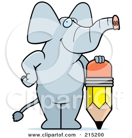 Royalty-Free (RF) Clipart Illustration of an Elephant Standing And Leaning On A Stubby Pencil by Cory Thoman