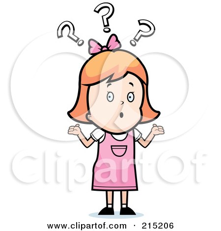 Royalty-Free (RF) Clipart Illustration of a Confused Red Haired Girl Shrugging Under Question Marks by Cory Thoman
