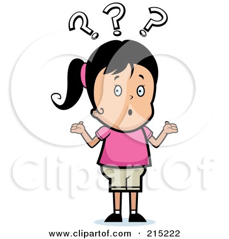 Royalty-Free (RF) Clipart Illustration of a Confused Black Haired Girl Shrugging Under Question Marks by Cory Thoman