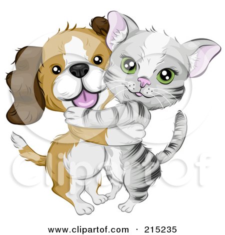 Royalty-Free (RF) Clipart Illustration of a Cute Beagle Puppy Hugging A Gray Kitten by BNP Design Studio