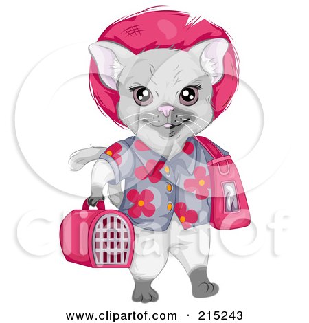 Royalty-Free (RF) Clipart Illustration of a Gray Cat Wearing A Floral Shirt And Carrying Luggage by BNP Design Studio