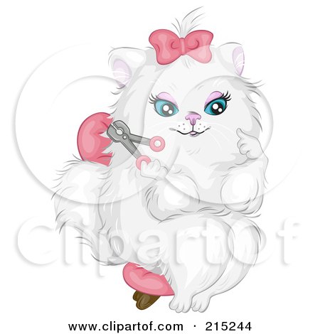 Royalty-Free (RF) Clipart Illustration of a Prissy White Cat Wearing A Pink Bow, Sitting In A Chair And Clipping Her Nails by BNP Design Studio
