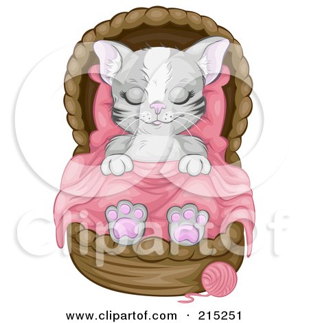 Royalty-Free (RF) Clipart Illustration of a Gray Kitten Sleeping Soundly In A Basket by BNP Design Studio