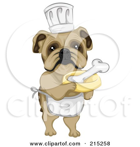 Royalty-Free (RF) Clipart Illustration of a Cute Bulldog Chef In An Apron And Hat, Carrying A Bone In A Dish by BNP Design Studio
