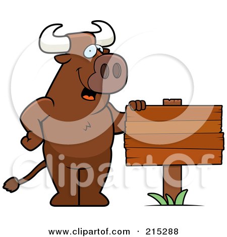 Royalty-Free (RF) Clipart Illustration of a Friendly Bull Standing By A Blank Wood Sign by Cory Thoman