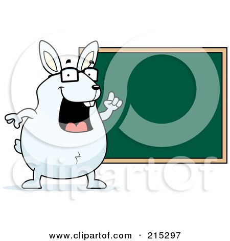 Royalty-Free (RF) Clipart Illustration of a Chubby White Rabbit Pointing To A Chalk Board by Cory Thoman