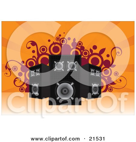 Clipart Illustration of a Set Of Three Loud Stereo Speakers Pointed In Different Directions Over An Orange Background With Vines And Circles by Paulo Resende