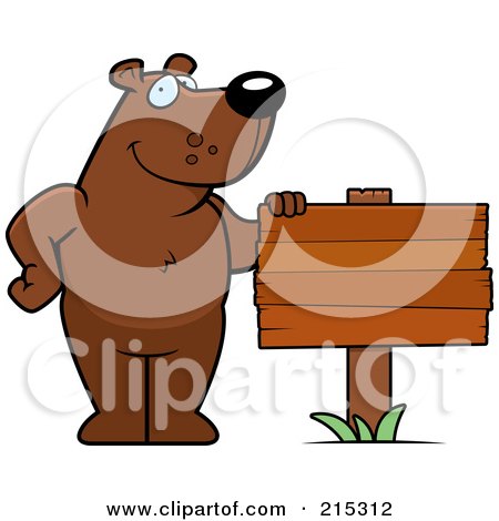 Royalty-Free (RF) Clipart Illustration of a Friendly Bear Standing By A Blank Wood Sign by Cory Thoman