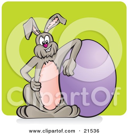 Clipart Illustration of a Grinning Bunny Rabbit Resting On Hand On His Hip And One Arm On A Purple Egg by Paulo Resende