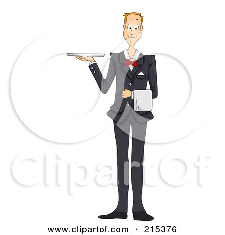 Royalty-Free (RF) Clipart Illustration of a Friendly Waiter In A Suit, Holding A Platter Tray by BNP Design Studio