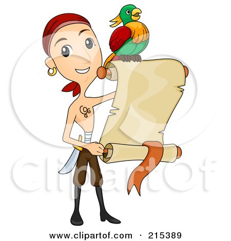 Royalty-Free (RF) Clipart Illustration of a Shirtless Pirate Man And Parrot With A Blank Parchment Scroll by BNP Design Studio