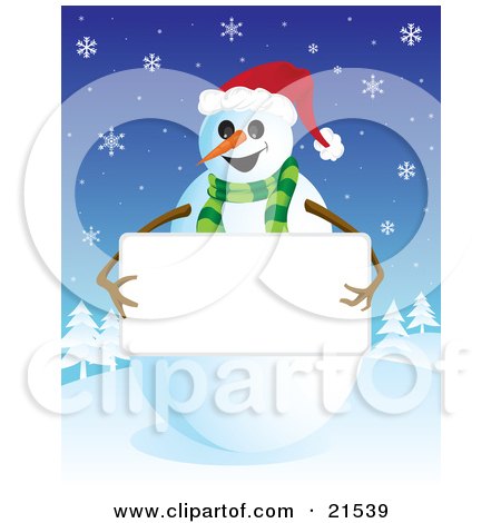 Clipart Illustration of a Friendly Smiling Snowman In A Green Scarf And Santa Hat, Holding Up A Blank White Sign With His Stick Arms by Paulo Resende