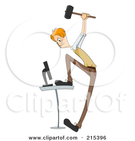 Royalty-Free (RF) Clipart Illustration of a Frustrated Businessman Holding A Hammer Over His Computer by BNP Design Studio