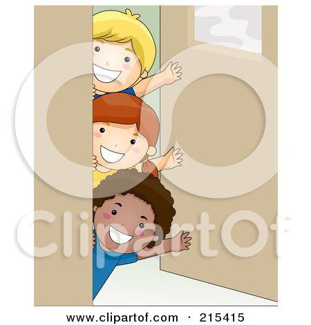 Royalty-Free (RF) Clipart Illustration of a Group Of Kids Waving Around A Classroom Door by BNP Design Studio