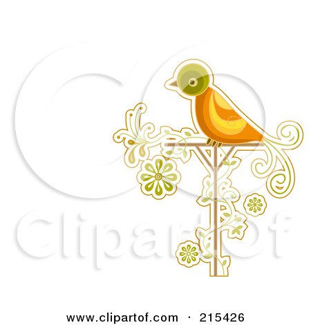 Royalty-Free (RF) Clipart Illustration of a Green And Orange Bird On A Post Over A Green Vine by BNP Design Studio