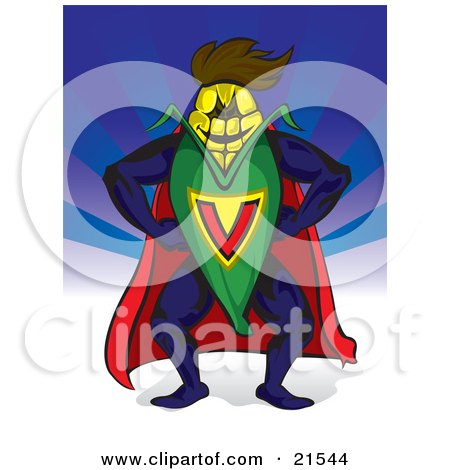 Clipart Illustration of a Corn Super Hero In Uniform, Standing Over A Blue Backgorund, Symbolizing Biofuel And Nutrition by Paulo Resende