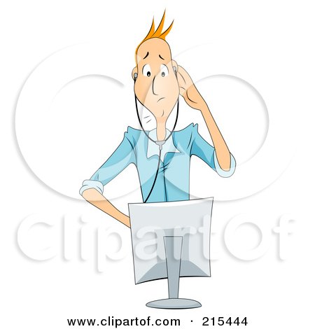 Royalty-Free (RF) Clipart Illustration of a Worried Businessman Trying To Diagnose A Computer Problem by BNP Design Studio