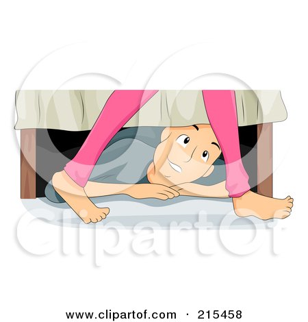 Royalty-Free (RF) Clipart Illustration of a Pleased Stalker Under A Bed, Watching A Woman Walking by BNP Design Studio