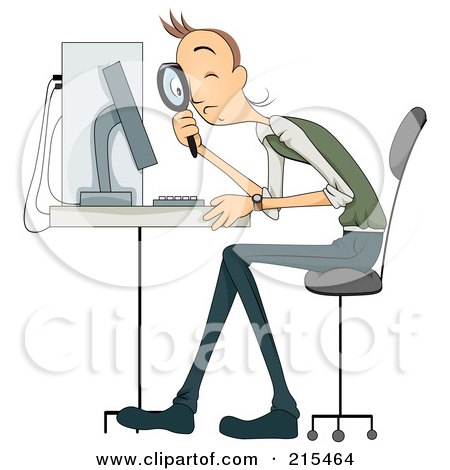 Royalty-Free (RF) Clipart Illustration of a Man Trying To Diagnose A Computer Problem With A Magnifying Glass by BNP Design Studio