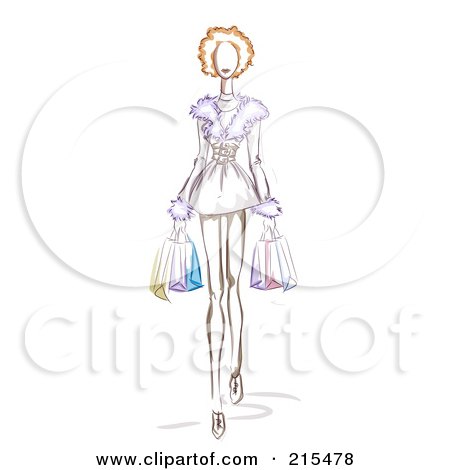 Royalty-Free (RF) Clipart Illustration of a Sketched Woman Wearing A Furry Dress And Carrying Shopping Bags, by BNP Design Studio