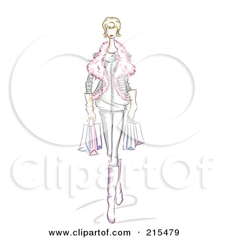 Royalty-Free (RF) Clipart Illustration of a Sketched Woman Wearing A Furry Jacket And Carrying Shopping Bags by BNP Design Studio