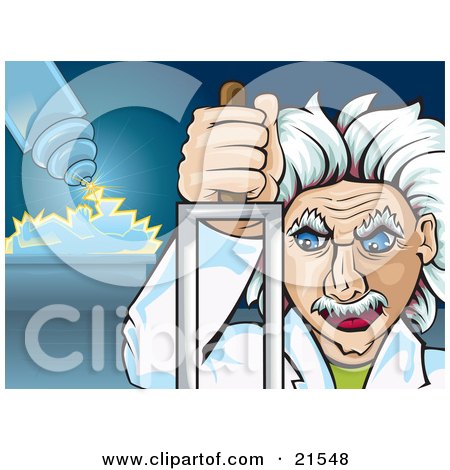 Clipart Illustration of a Crazy Caucasian Male Scientist With White Hair, Pulling An Electric Lever While Shocking And Torturing A Person In The Background by Paulo Resende
