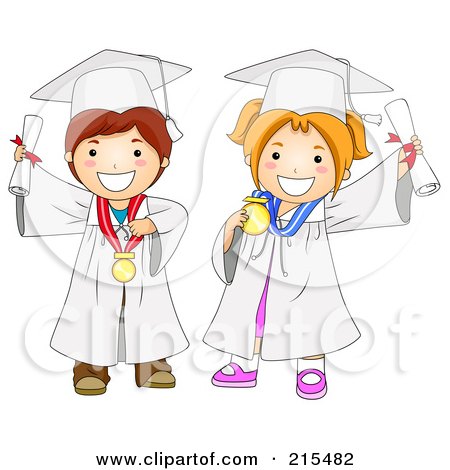 Royalty-Free (RF) Clipart Illustration of a Graduating Boy And Girl In White Caps And Gowns by BNP Design Studio