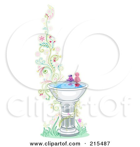 Royalty-Free (RF) Clipart Illustration of Two Birds At A Bird Bath By A Floral Vine by BNP Design Studio