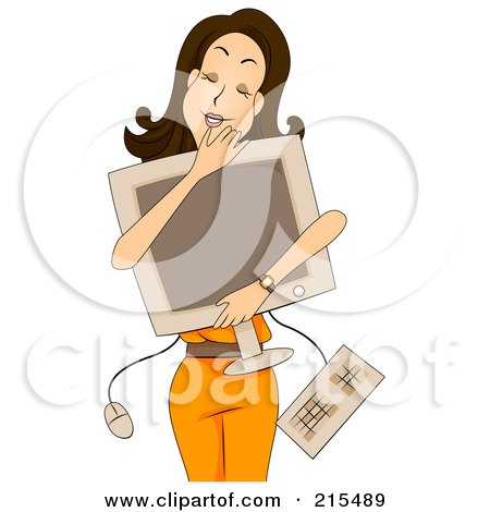 Royalty-Free (RF) Clipart Illustration of a Happy Woman Hugging Her Computer by BNP Design Studio