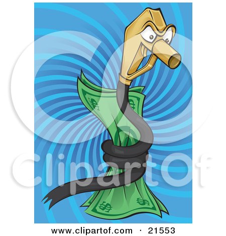 Clipart Illustration of a Greedy Fuel Pump Nozzle Snake Character Coiled Around Money Over A Blue Swirling Background by Paulo Resende