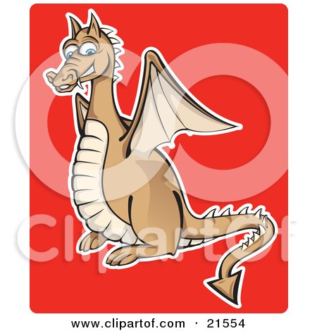 Clipart Illustration of a Brown And Beige Blue Eyed Dragon With Wings And A Spiked Tail, Smiling And Showing Fanged Teeth by Paulo Resende