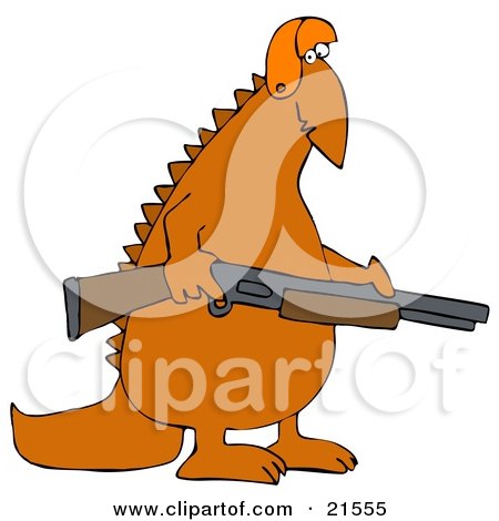 Clipart Illustration of an Orange Dinosaur In A Hat, Carrying A Rifle And Hunting by djart