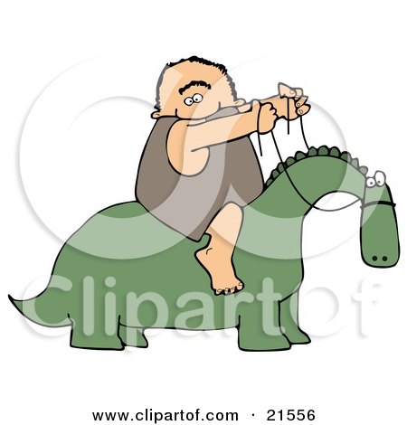 Clipart Illustration of a Happy Caveman Holding The Reins To A Green Dinosaur And Riding On His Back by djart