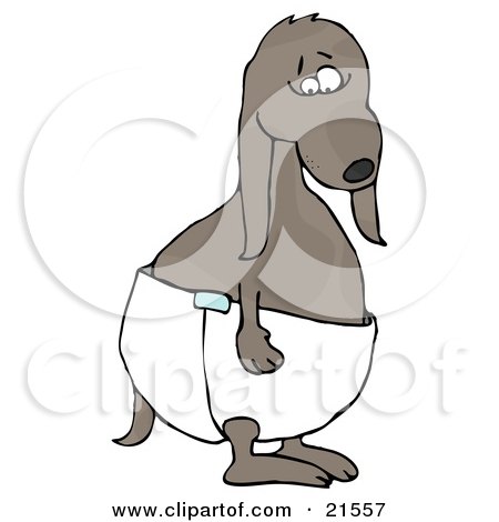 Clipart Illustration of a Sad Little Brown Puppy Dog Standing And Wearing A Diaper While Potty Training by djart