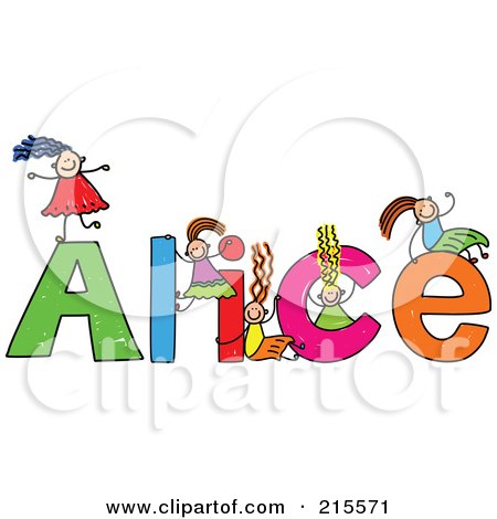 Royalty-Free (RF) Clipart Illustration of a Childs Sketch Of Girls Playing On The Name Alice by Prawny